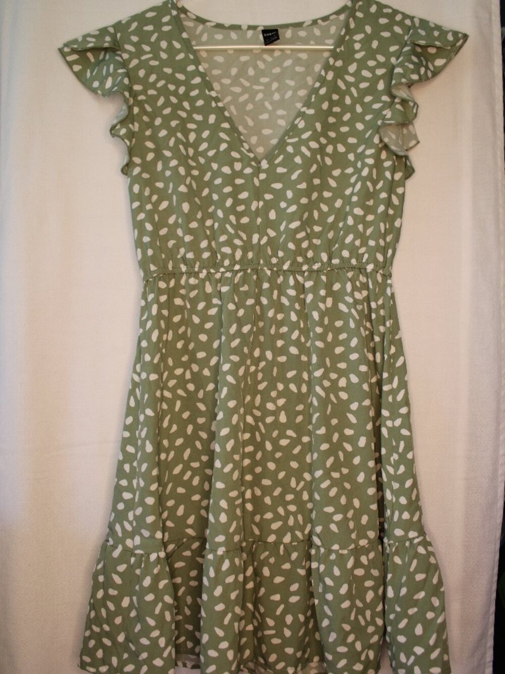 Shein Sage Green and White Flutter V-Neck Dress